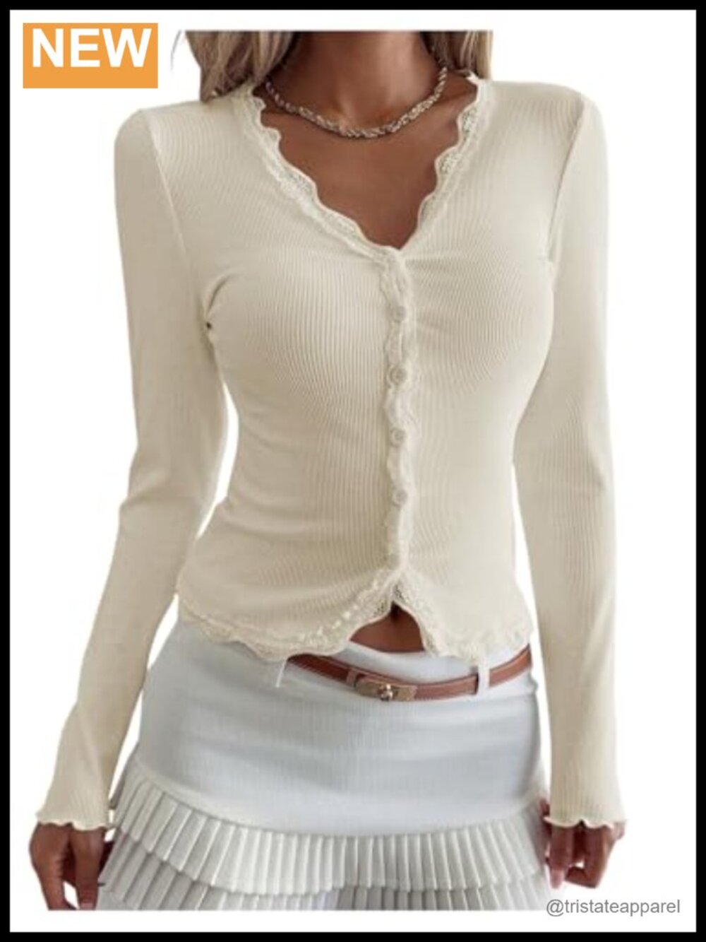 Women's Long Sleeve Lace Trim Ribbed Knit V Neck Crop Top